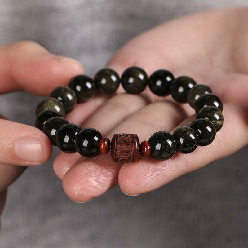 Nimara Ritual Natural Gold Sheen Obsidian Rainbow Obsidian Om Mani Padme Hum Fu Character Healing Bracelet