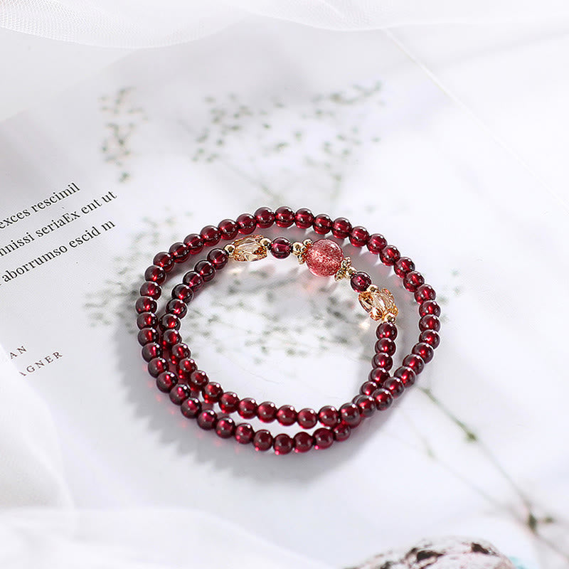 Nimara Ritual 14K Gold Plated Natural Garnet Strawberry Quartz Butterfly Protection Double Wrap Bracelet
