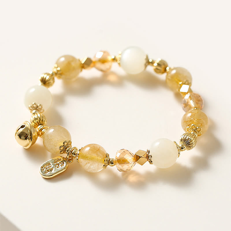 Nimara Ritual 14K Gold Plated Golden Rutilated Quartz Wealth Bell Lucky Fortune Charm Bracelet