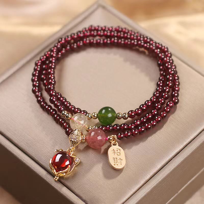 Nimara Ritual Natural Garnet Strawberry Quartz Crystal Fox Koi Fish Peace Buckle Fortune Protection Triple Wrap Bracelet