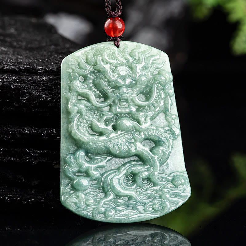 Nimara Ritual Natural Jade Chinese Zodiac Dragon Sea Luck String Necklace Pendant