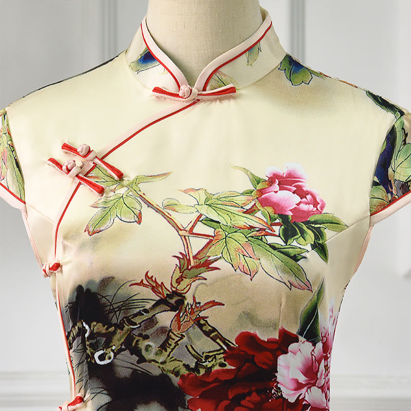 Nimara Ritual Peony Flower Print Cheongsam Dress Women's Qipao
