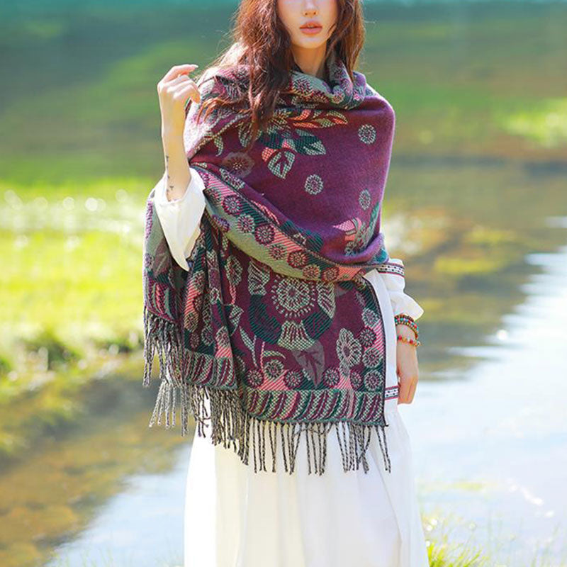 Nimara Ritual Tibetan Flower Floral Leaves Pattern Design Shawl Cozy Travel Scarf Wrap