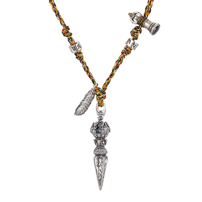 Nimara Ritual Tibetan Handmade 925 Sterling Silver Dorje Vajra Om Mani Padme Hum Feather Strength Necklace Pendant