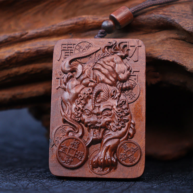 Nimara Ritual Natural Lightning Struck Jujube Wood PiXiu Copper Coin Good Fortune Necklace Pendant