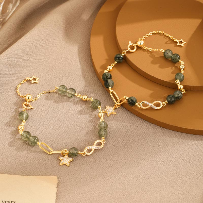Nimara Ritual 14k Gold Plated Copper Green Rutilated Quartz MAbius Loop Eternal Love Star Protection Bracelet