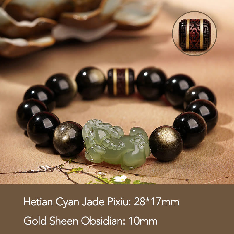 Nimara Ritual Natural Gold Sheen Obsidian Hetian Cyan Jade White Jade PiXiu Wealth Bracelet