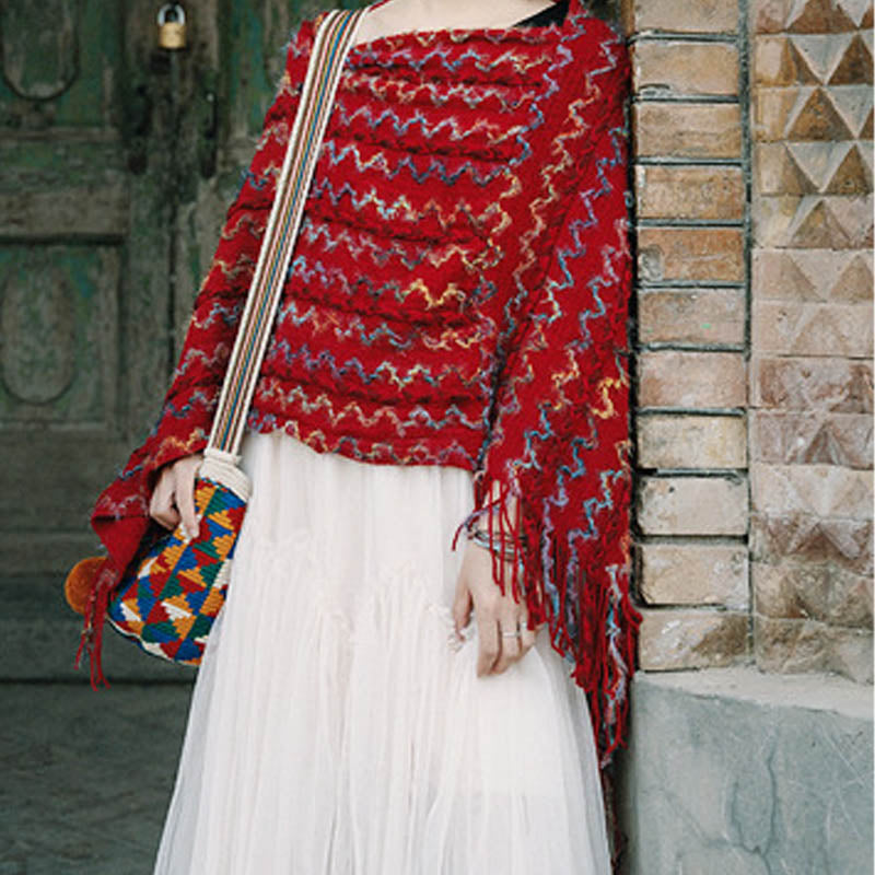 Nimara Ritual Tibetan Colorful Striped Shawl Tassels Pullover Winter Cozy Travel Scarf Wrap
