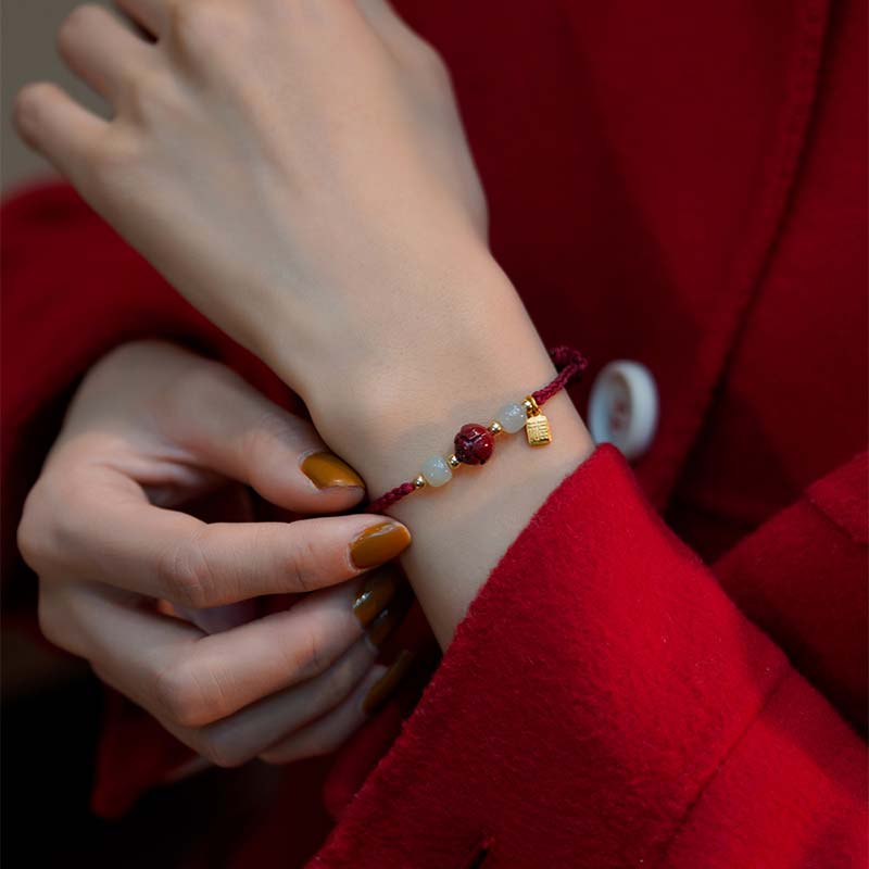 Nimara Ritual Cinnabar Jade Lotus Calm Red String Weave Bracelet