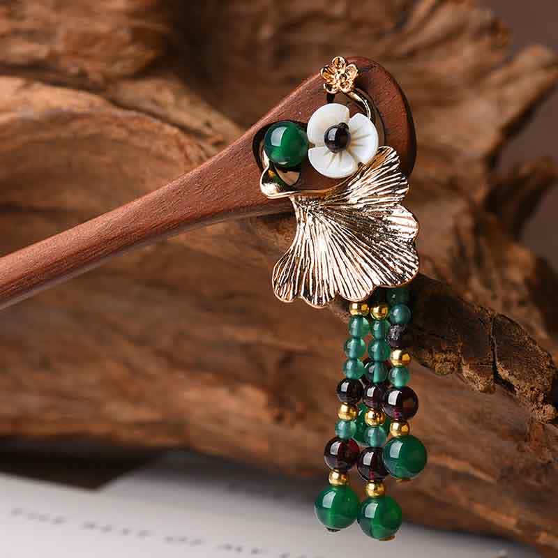 Nimara Ritual Red Sandalwood Green Agate Ginkgo Leaf Protection Hairpin