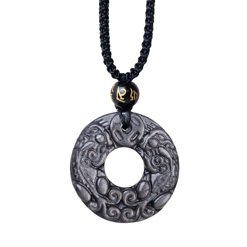 Nimara Ritual Natural Silver Sheen Obsidian Double PiXiu Copper Coin Peace Buckle Protection Necklace Pendant