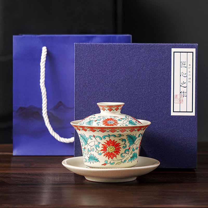 Nimara Ritual A Panorama of Rivers and Mountains Flowers Ceramic Gaiwan Sancai Teacup Kung Fu Tea Cup And Saucer With Lid