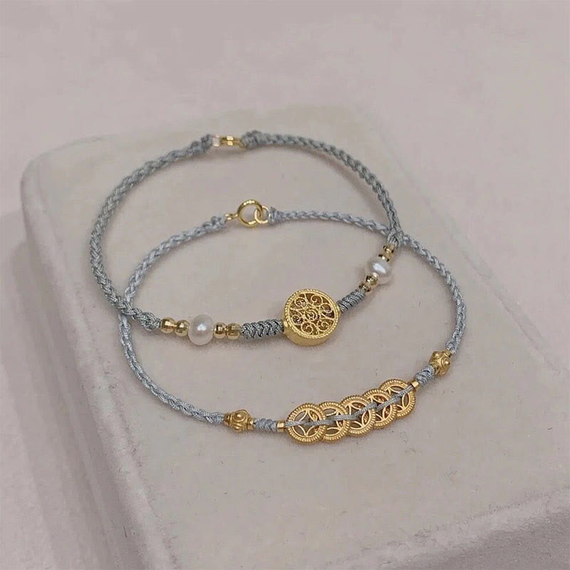 Nimara Ritual Copper Coin Fortune Tree Pearl Luck Blue Rope Braided Bracelet