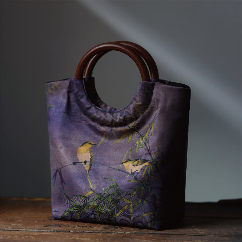 Nimara Ritual Peony Flower Bamboo Leaves Bird Solid Wood Handle Handbag