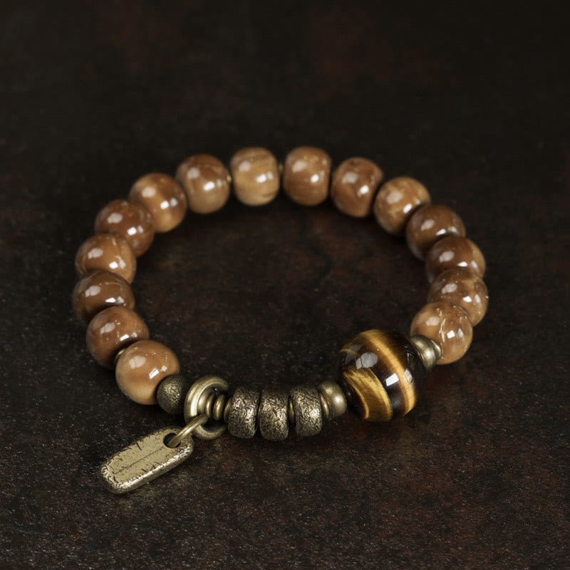 Nimara Ritual Kuka Seed Tiger Eye Gold Sheen Obsidian Brass Copper Wealth Luck Bracelet