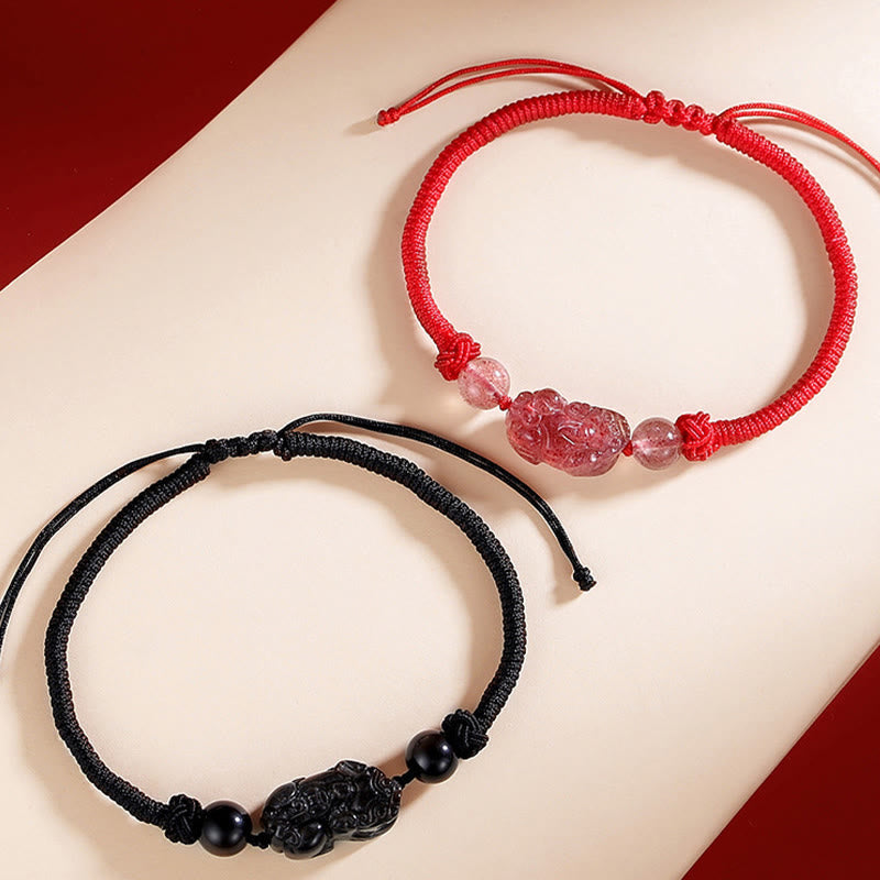 Nimara Ritual Handmade Natural Silver Sheen Obsidian Strawberry Quartz PiXiu Protection Braided Bracelet