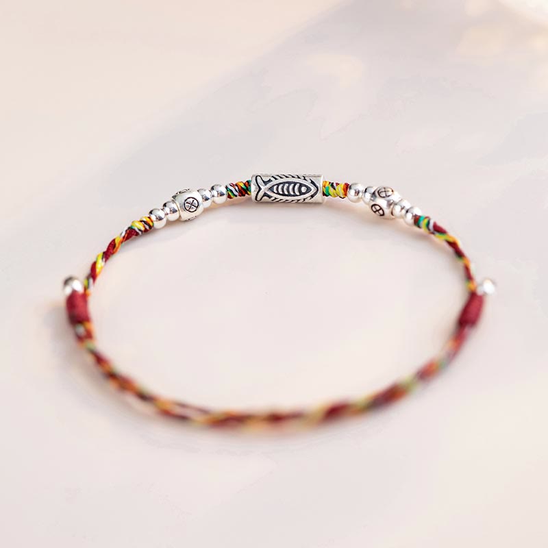 Nimara Ritual 925 Sterling Silver Luck Koi Fish Braided Colorful String Bracelet Anklet