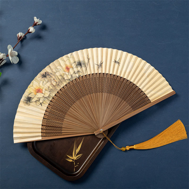 Nimara Ritual Lotus Dragonfly Wild Geese Plum Blossom Handheld Silk Bamboo Folding Fan 22.5cm