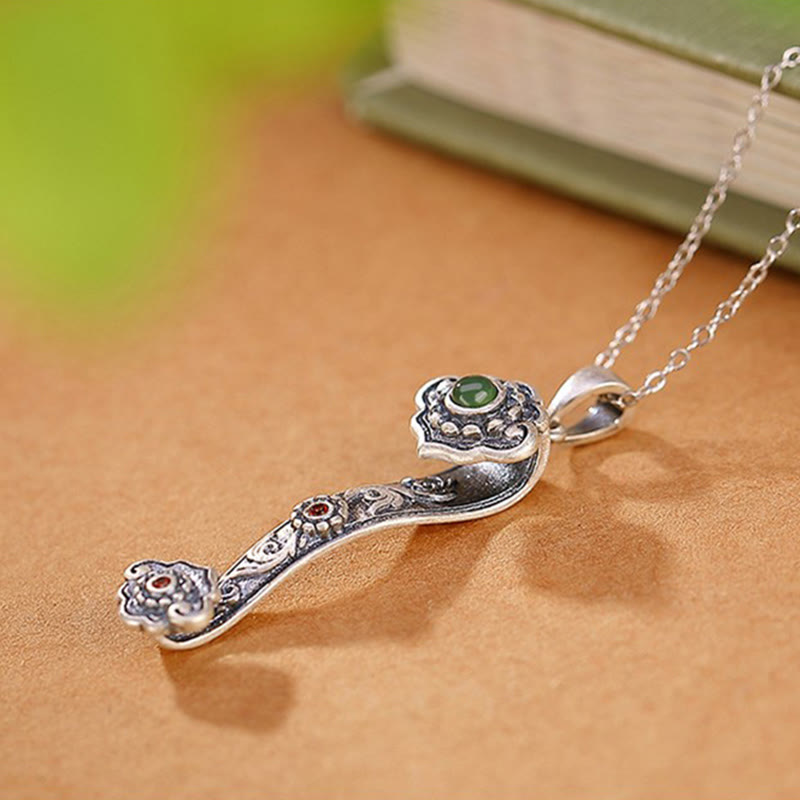 Nimara Ritual 925 Sterling Silver Red Agate Cyan Jade Auspicious Clouds Ruyi Handle Blessing Necklace Pendant