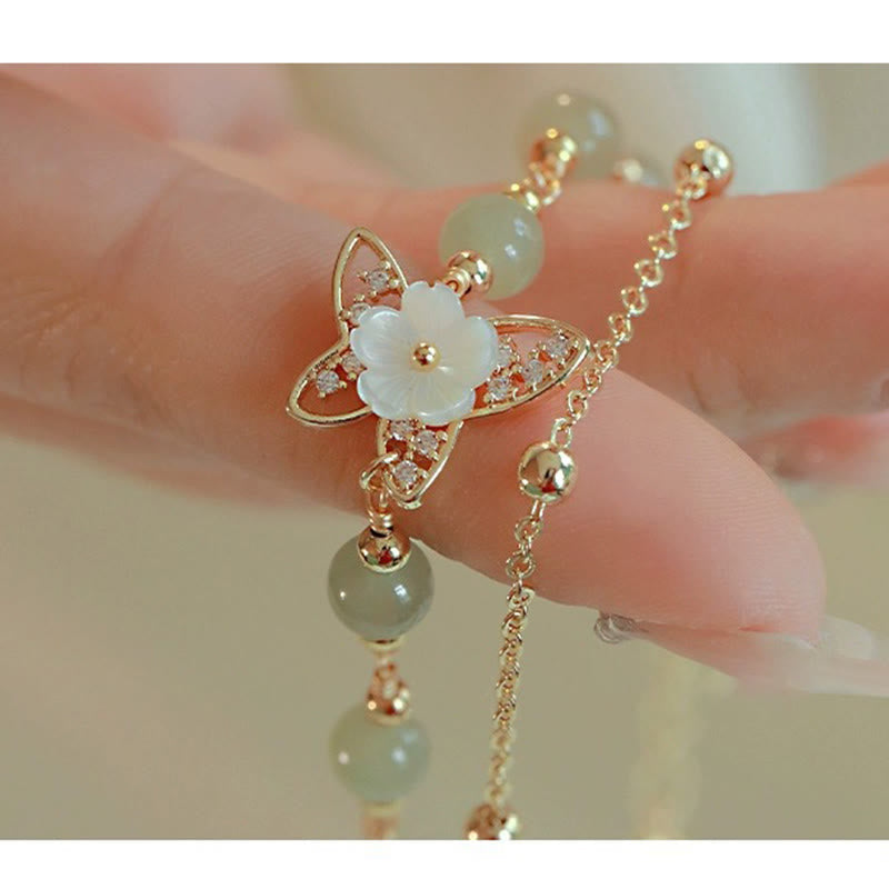 Nimara Ritual 14K Gold Plated Jade Butterfly Tridacna Stone Flower Double Layer Luck Bracelet