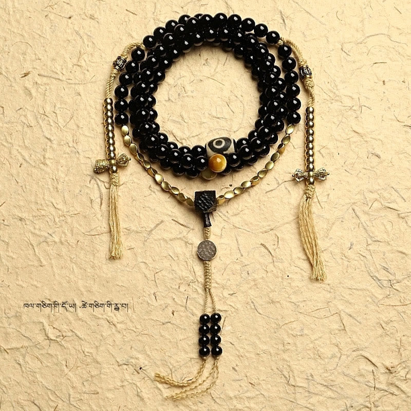 Nimara Ritual Tibetan 108 Mala Beads Black Onyx Three-eyed Dzi Beads Protection Bracelet