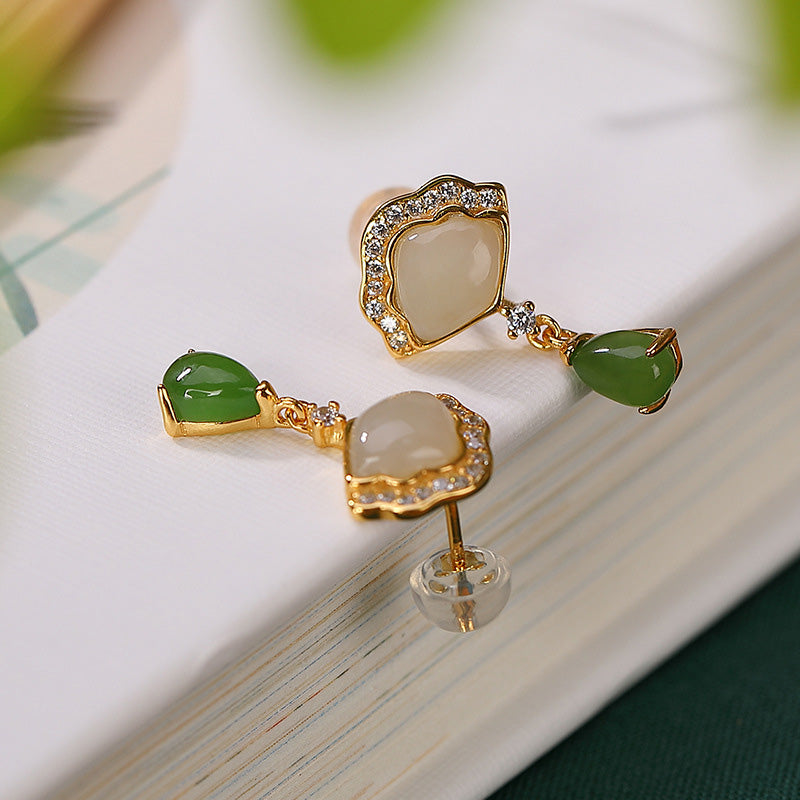 Nimara Ritual White Jade Cyan Jade Fan Water Drop Pattern Luck Drop Earrings