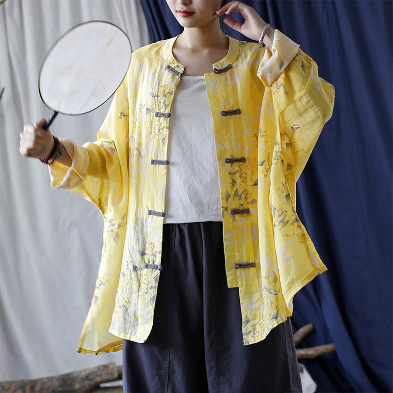 Nimara Ritual Yellow Phoenix Print Frog-button Design Long Sleeve Ramie Linen Jacket Shirt