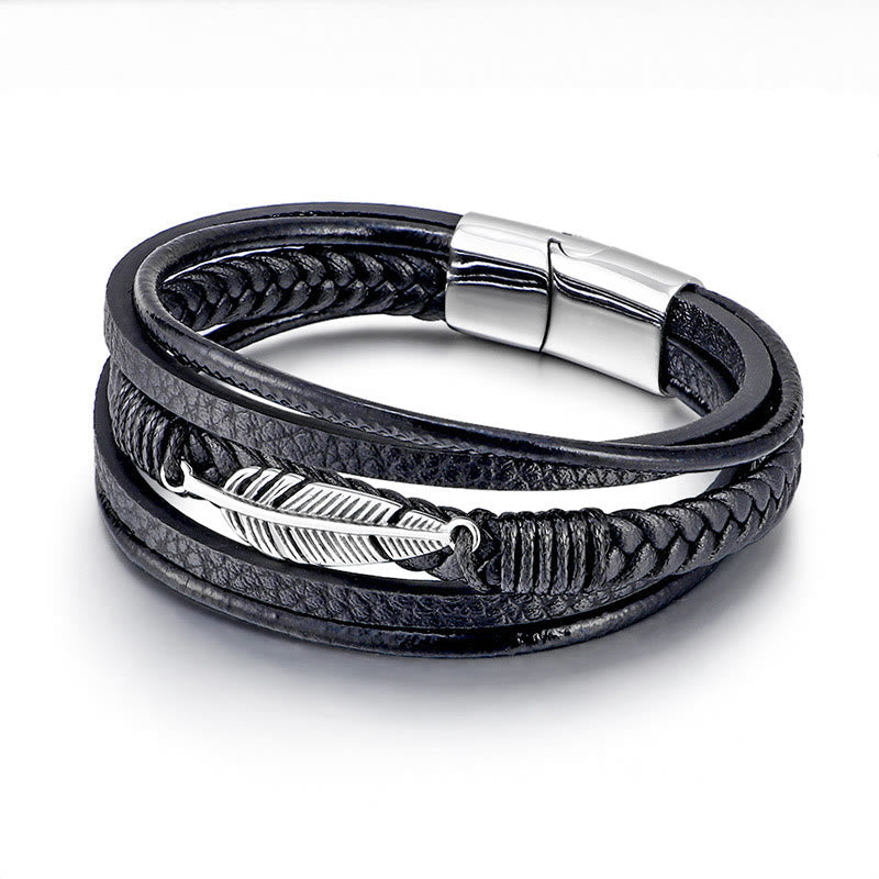 Nimara Ritual Feather Pattern Multilayer Leather Titanium Steel Calm Braided Magnetic Buckle Bracelet