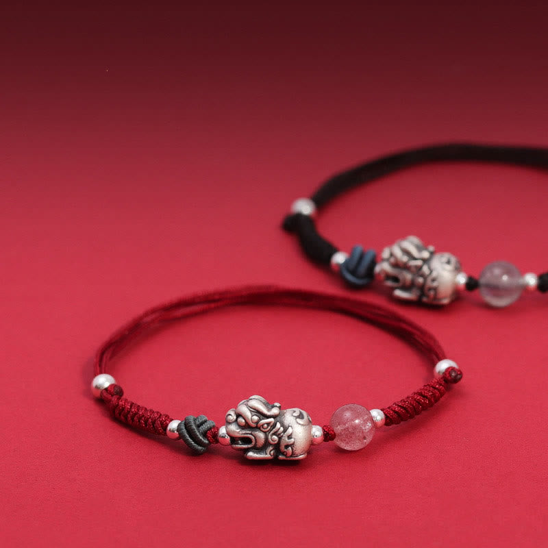Nimara Ritual 999 Sterling Silver PiXiu Strawberry Quartz Bead Wealth Luck Braided Bracelet
