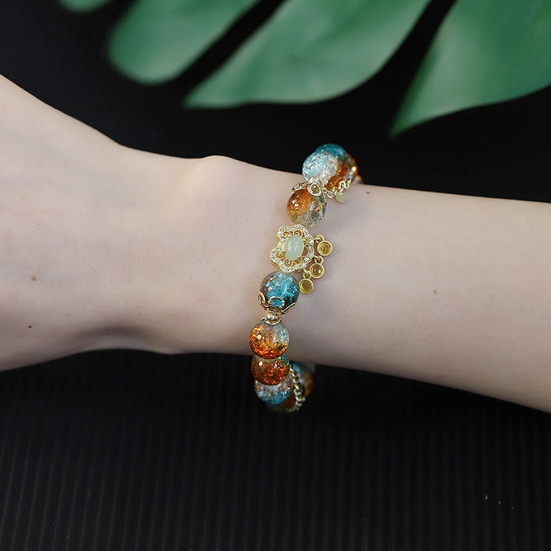 Nimara Ritual Colorful Liuli Glass Bead Chinese Lock Charm Fortune Bracelet