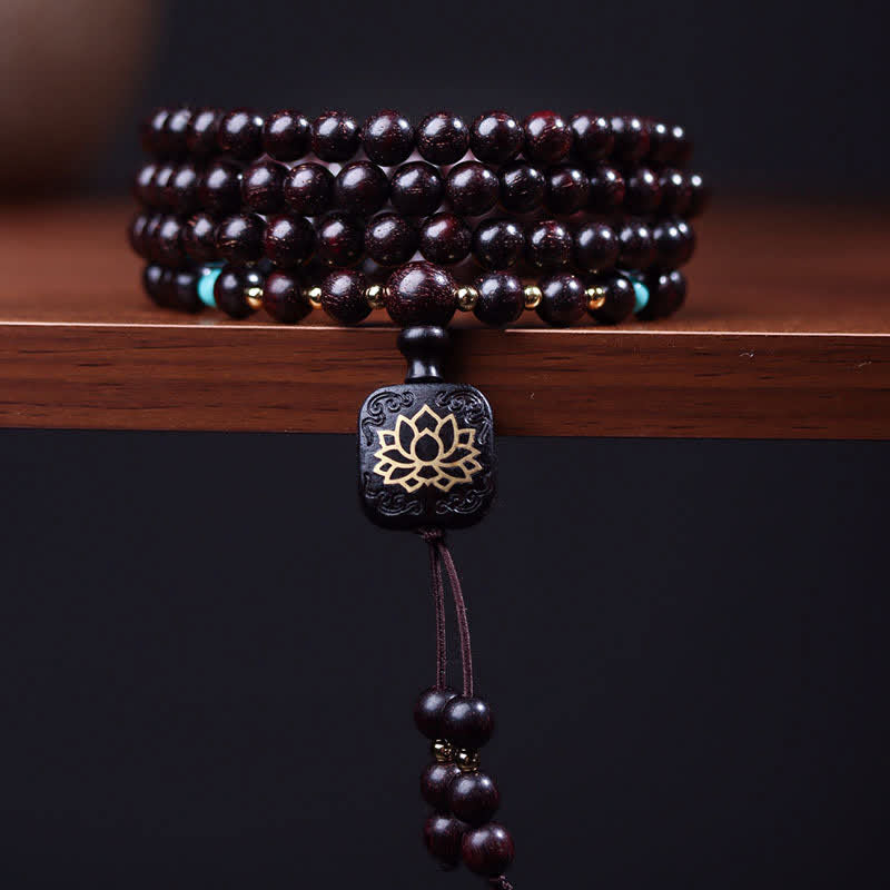 Nimara Ritual 108 Mala Beads Tibetan Small Leaf Red Sandalwood Lotus Balance Bracelet