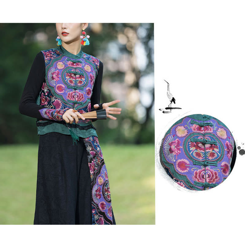 Nimara Ritual Frog-Button Embroidery Flowers Cotton Linen Tang Suit Design Sleeveless Vest