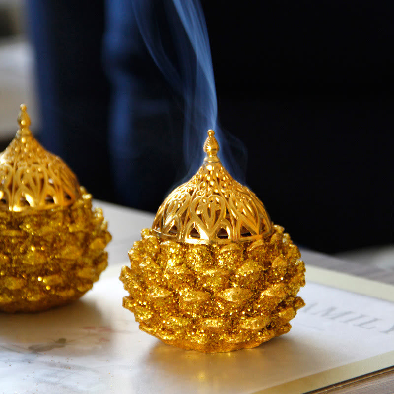 Nimara Ritual Gold Pine Cone Pattern Spiritual Rituals Mini Incense Burner Home Tabletop Decor