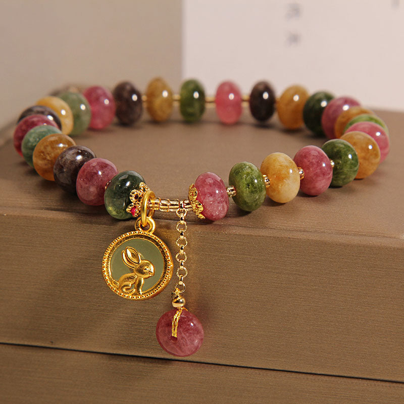 Nimara Ritual Natural Colorful Tourmaline Cute Rabbit Charm Positive Bracelet