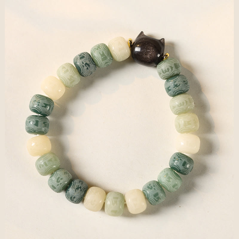 Nimara Ritual Bodhi Seed Silver Sheen Obsidian Cat Head Om Mani Padme Hum Engraved Harmony Bracelet