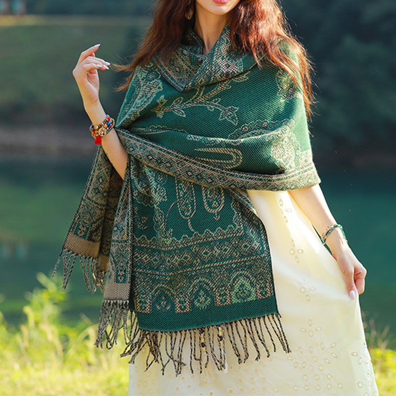 Nimara Ritual Vintage Tibetan Leaves Pattern Design Shawl Cozy Travel Scarf Wrap