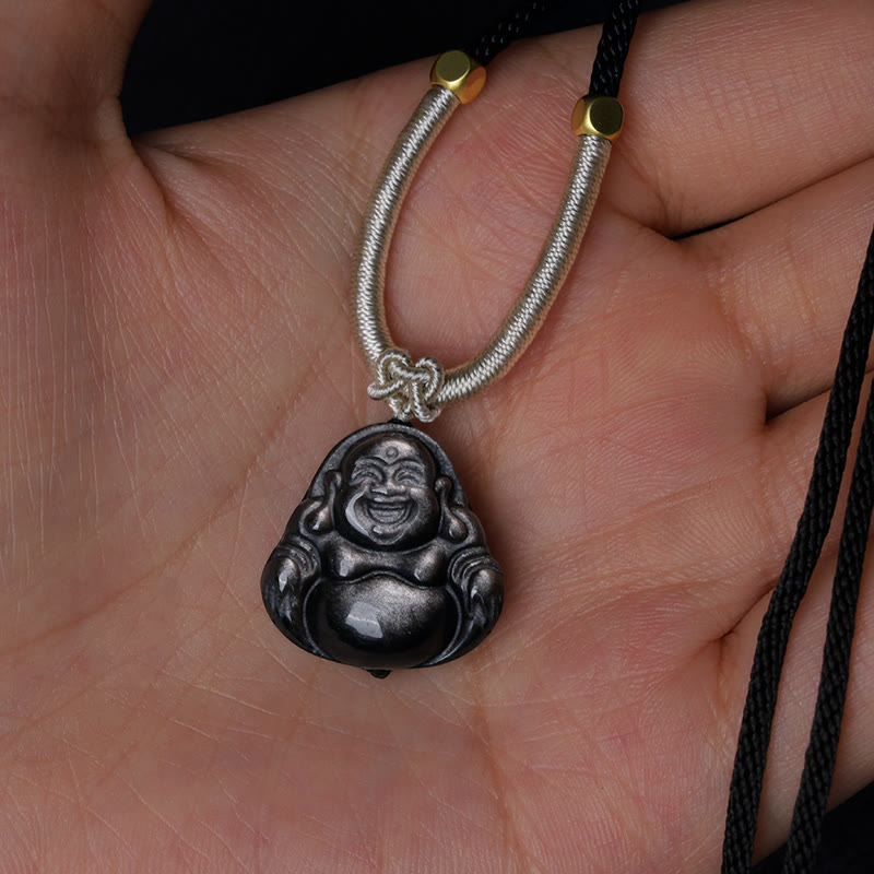Nimara Ritual Natural Silver Sheen Obsidian Laughing Buddha Protection Necklace Pendant