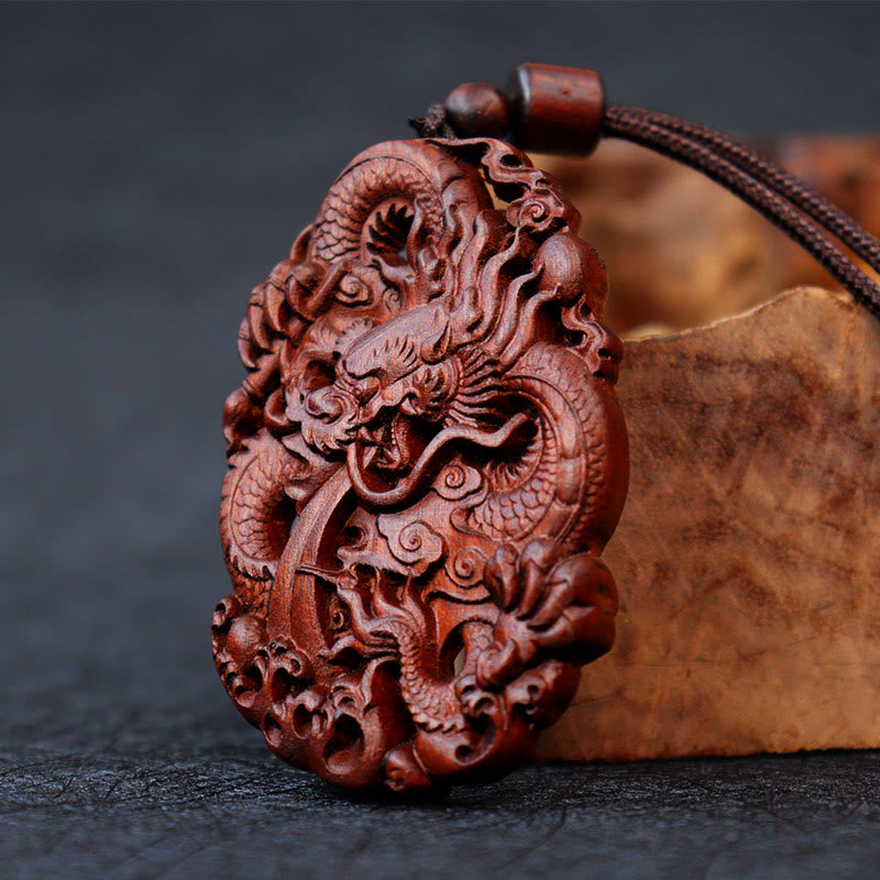 Nimara Ritual Lightning Struck Jujube Wood Double Dragon Relief Ward Off Evil Spirits Necklace Pendant
