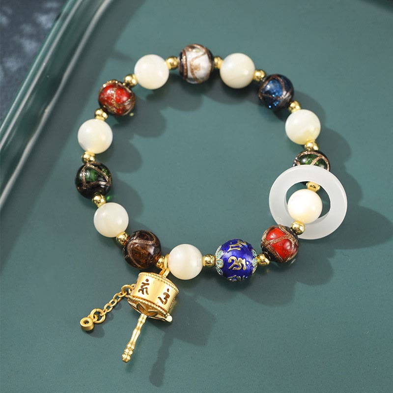 Nimara Ritual Tibetan Incense Ash Liuli Glass Tridacna Stone Sun Stone Om Mani Padme Hum Prayer Wheel Charm Bracelet