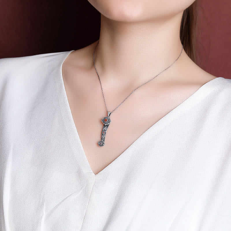 Nimara Ritual 925 Sterling Silver Red Agate Cyan Jade Auspicious Clouds Ruyi Handle Blessing Necklace Pendant