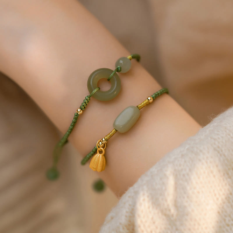 Nimara Ritual Lotus Jade Peace Buckle Bead Luck Happiness Charm String Bracelet