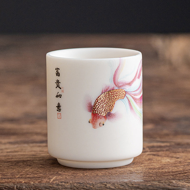 Nimara Ritual Koi Fish White Porcelain Ceramic Teacup Kung Fu Tea Cup
