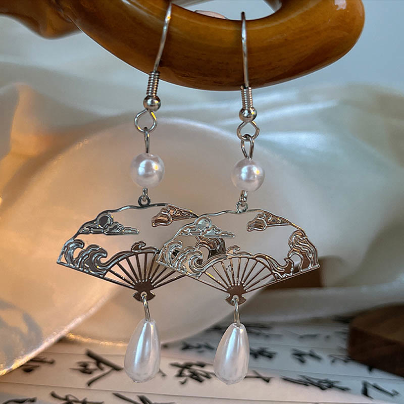 Nimara Ritual Copper Fan Auspicious Clouds Pearl Healing Drop Earrings