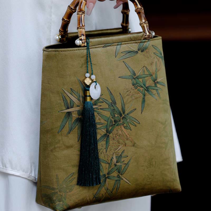 Nimara Ritual Yellow Green Bamboo Leaves Bamboo Handles Handbag