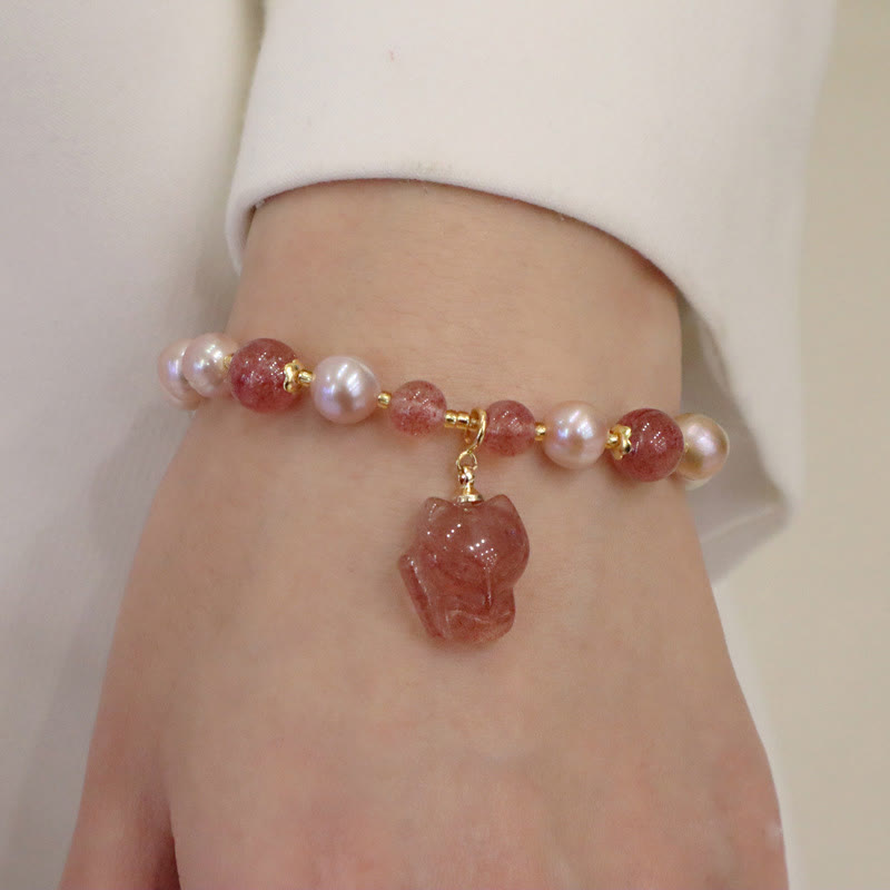 Nimara Ritual Natural Pearl Strawberry Quartz Cute Fox Love Healing Charm Bracelet