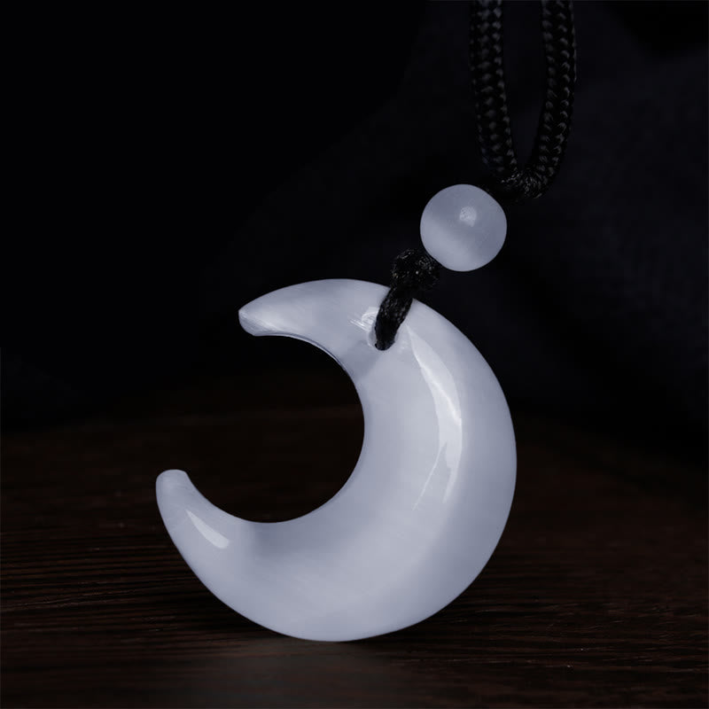 Nimara Ritual Natural Silver Sheen Obsidian Selenite Crystal Crescent Moon Yin Yang Couple Protection Necklace Pendant