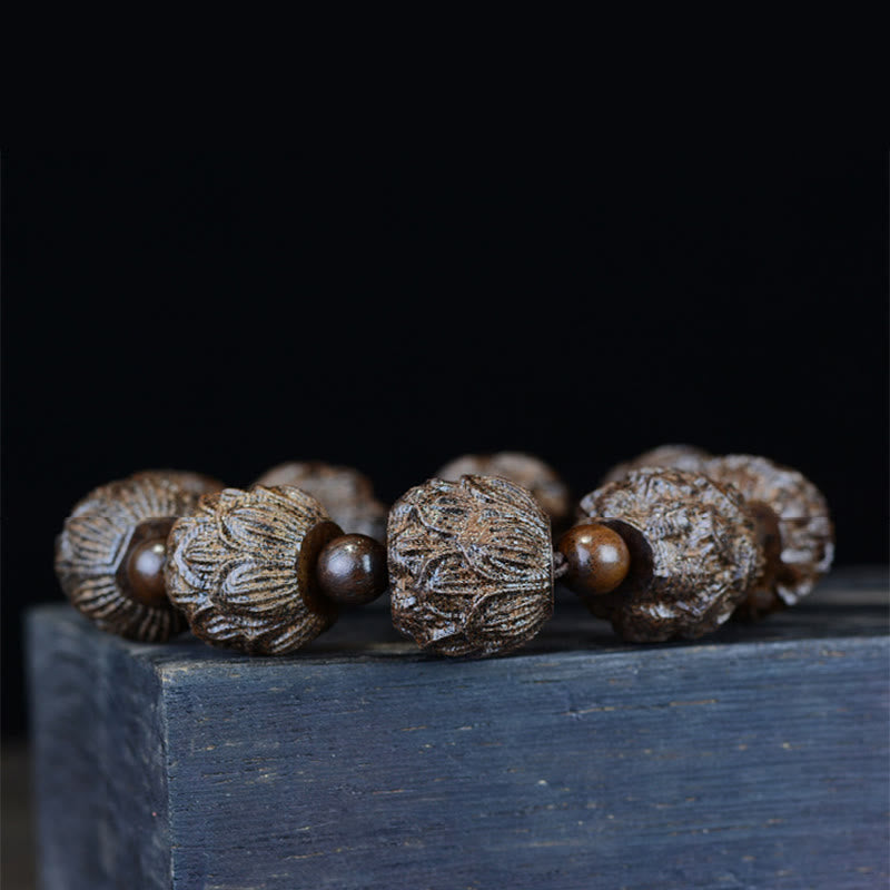 Nimara Ritual Ebony Wood Eighteen Arhats Lotus Dragon Engraved Balance Bracelet