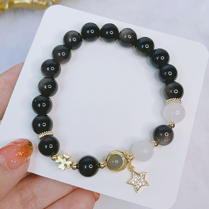 Nimara Ritual Natural Silver Sheen Obsidian Love Heart Star Flower Protection Bracelet