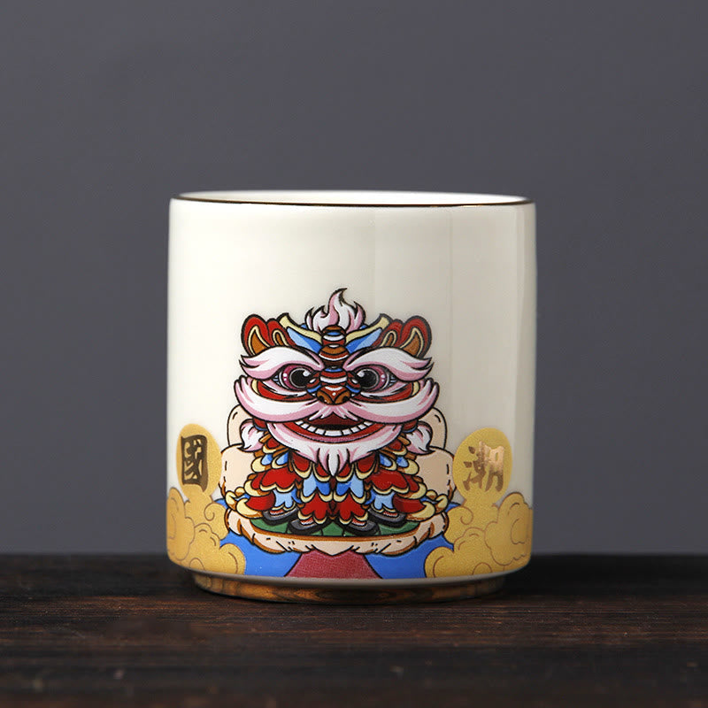 Nimara Ritual Vintage Plum Blossom Pine Bamboo Phoenix Kirin Lion Dancing Ceramic Teacup Tea Cups
