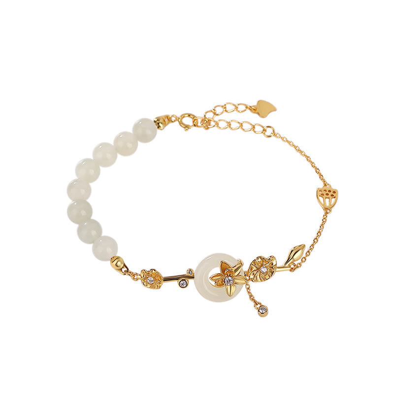 Nimara Ritual 925 Sterling Silver Hetian Jade Peace Buckle Lotus Luck Chain Bracelet